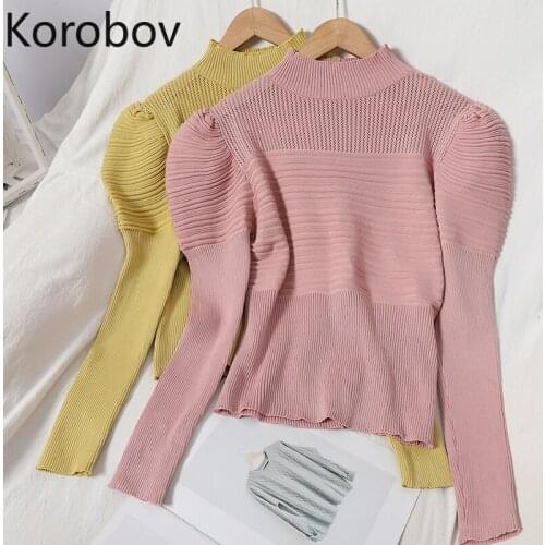 Korobov Preppy Style Turtleneck Sweet Women Puff Sleeve Sweaters Pullovers 2020 New Chic Sueter Mujer Korean Elegant Knitwear