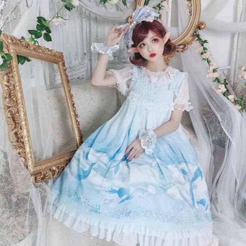 Glazed Water Whale Sweet Womens Lolita JSK Dress Sleeveless Dress + Hairband Hair Ribbon Cute Bow Trim Princess Dress One Piece