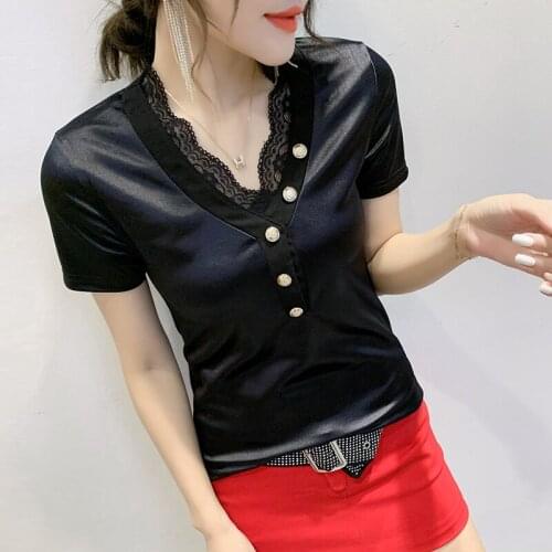 2021summer Casual T-shirt Lace stitching buttons Short sleeve V-neck Top Women T Shirt Plus Size