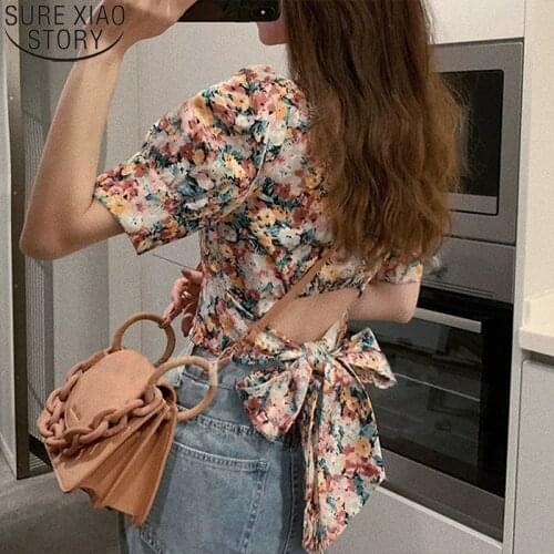 Square Collar Women Short Tops Vintage Puff Slevee Floral Blouse Print Summer Casual Korean One-Piece Clothing Ladies 13605