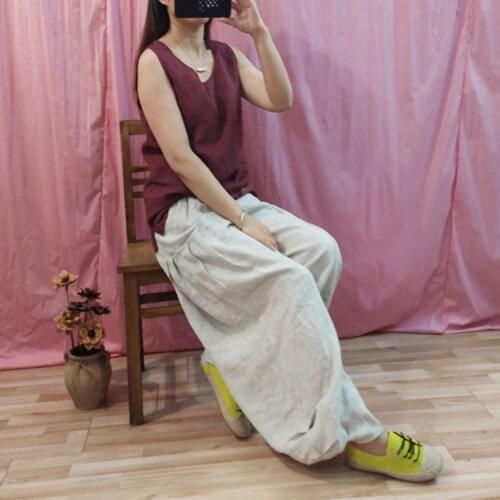 Women Ramie Loose Elastic Waist Pants Ladies Vintage Ramie Trousers Female Solid Color Retro Pants 2020 Spring Summer