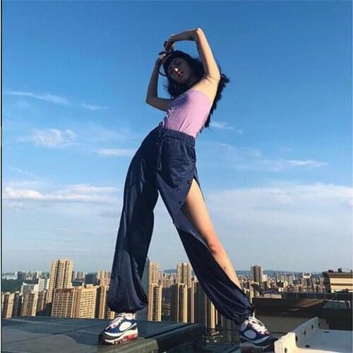 Women Snap Button Track Pants Mesh Eyelet Cut Out Breathable Joggers Side Open High Split Trousers Female Leisure Sweatpants