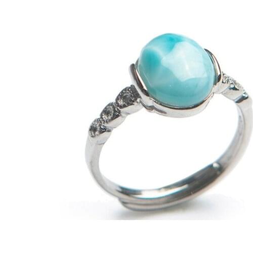 Genuine Natural Larimar Crystal Round Stone Fashion Women Lady Adjustable Size Ring Just One 10*8mm