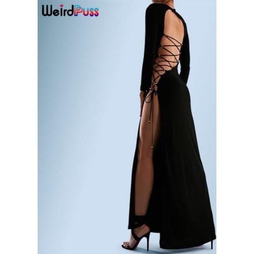 Weird Puss Sexy Leopard Maxi Dresses Women Backless Bandage Elegant Vestidos Side Split Bodycon Autumn Party Birthday Clubwear