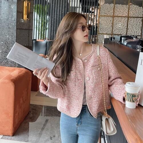 Korea New 2021 High Quality Women Autumn Spring Lady Fashion Elegant Slim Coat Pink Tweed Jackets