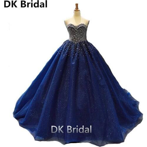 2019 Sexy Strapless Formal Dress Ball Gown Sweetheart Lace Up Back Crystal Star Blue Evening Dress vestidos de fiesta de noche