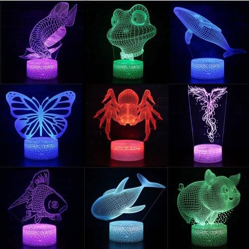 3D LED Night Lights Spider Fish Pig Whale Frog 7 Color Change Hologram Atmosphere Novelty Lamp for Home Decoration Illusion Gift