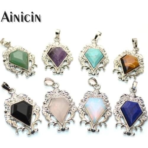 5pcs Shield Shape Natural Semi-precious Stone Setting Silver Pendant Necklace Fashion Women Jewelry Earrings Making Findings