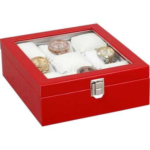 9'lu Wood over Red-Brown Leather, Glass Lid Watch Box st9-11