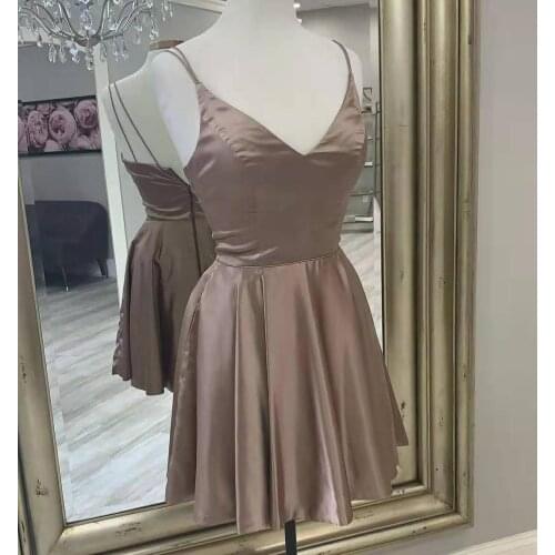 Sexy V-Neck Short A-Line Dusty Rose Satin Homecoming Dresses with Pockets Knee Length Corset Back Graduation Dresses for Juniors