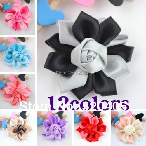 Satin Bistratal Flower with Mini Ribbon rose center small girls kids Clothing Accessories wholesale 50PCS