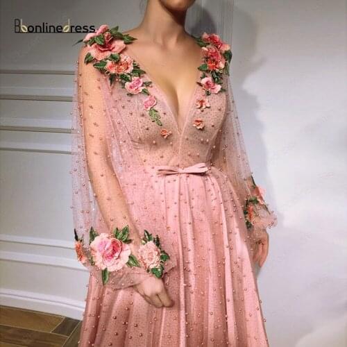 Bbonlinedress Elegant Sleeves Evening Dress 2020 Fashion Flower Appliques Pearl Long Formal Party Prom Dresses robe de soiree