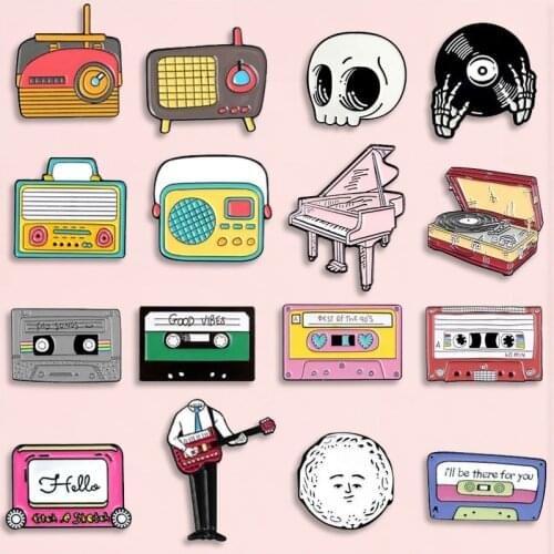 Music Collection Enamel Pin Radio Dish Recorder Piano Brooches Denim Jeans shirt Bag Cartoon Art Jewelry Gift for Friends