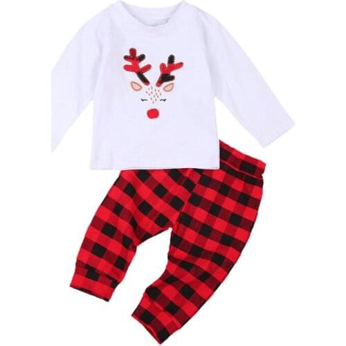 Kids Tracksuit Xmas Long Sleeves Tops T-shirt Long Pants Suit Newborn Girls Elk Top Red Plaid Pants Set Autumn Baby Boy Outfits
