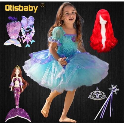 Boutique Summer Girls Princess Ariel Dress Children Little Mermaid Costume Carnival Party Tutu Green Puff Sleeve Lace Dresses