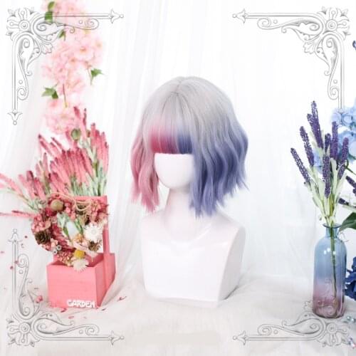 Gradual Beige Blue Pink Lolita Wig Mixed Harajuku Fairy Bangs Curly Short Sweet Fringe Cosplay Adult Girls Hair