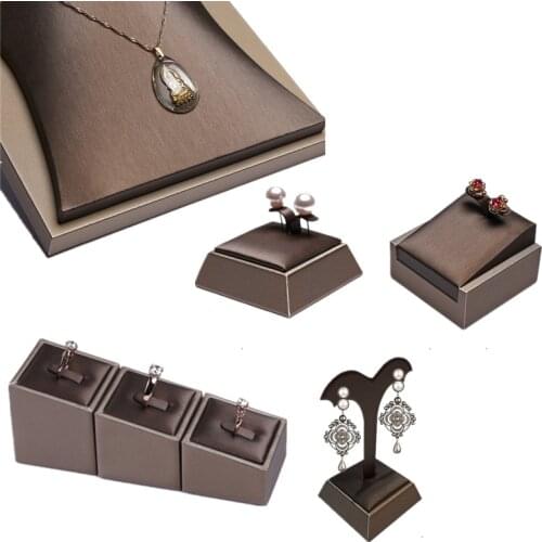 Brown PU Ring Earrings Pendant Necklace Jewelry Display Stand Set Tray Bangle Bracelet Storage Case Holder Organizer Kit
