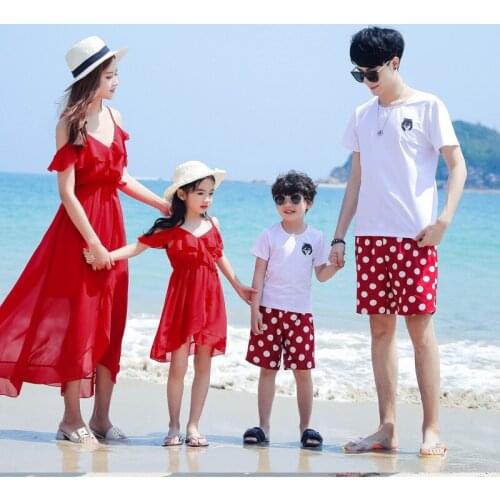 Summer style family look father son mother and daughter clothes white cotton t-shirt beach shorts mom girls dress dad boys pants