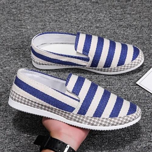 2021 Fashion Slip on Flats Plimsolls Men Stripe Canvas Shoes Casual Linen Loafers Shoes Hemp Espadrille Fisherman Shoes Male