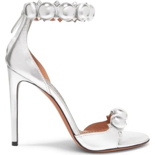 New Hot Selling Silver Leather Woman Shoes Summer Open Toe Rivets Studded Thin Heels Sandal 2018 Ankle Strap Gladiator Shoes