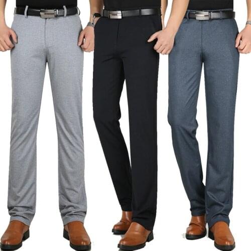 New Summer Mens Knitted Casual Pants Straight Slim Trousers Slacks High Waist Middle-aged Dress Pants Elastic Thin Business