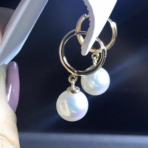 A pair 10-11mm AAA south sea white round pearl dangle earrings yellow gold