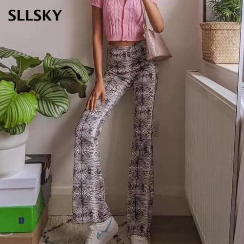 Sllsky Casual Wood Grain Printing Straight Elastic High-Waisted Trousers Printed Street Hipster Boot Cut Trousers Pants