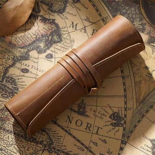 Simple And Retro Leather Cowhide Pencil Case Multi Function Curling Pen Bag