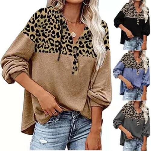 Hoodies Women Clothing 2021 Casual Spring Autumn Leopard Print Patchwork Button V-Neck Long Sleeve Sweatshirts Woman Loose Tops