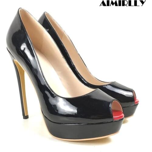 Womens Platform Pumps Peep Toe High Heels Shoes Red Toe Female Footwear Clubwear Party Stilettos Black Patent Leather Slip On