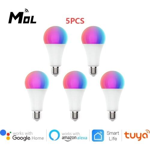 Tuya 5pcs Smart Light Lamp Wifi Bulb 12W Color Changing RGB LED Bulb E27 100-220V APP Remote Compatible Alexa Google Home