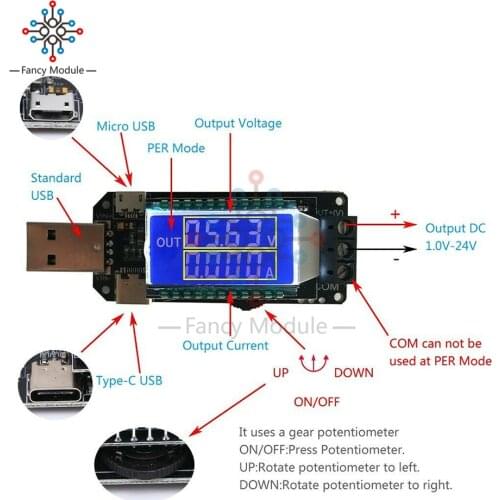 Step Up/Down Buck Boost Converter Power Module USB Type-C Micro USB 5V to 3.3-24V Voltage Current Adjustable Wheel Potentiometer