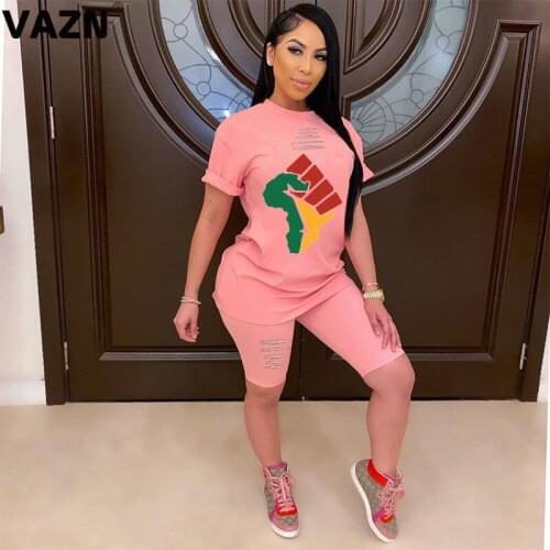 VAZN 2020 Summer Hot Plus Size Simple Young Casual Soft Short Sleeve Top Top Knee Length Tracksuits Slim Women 2 Piece Se