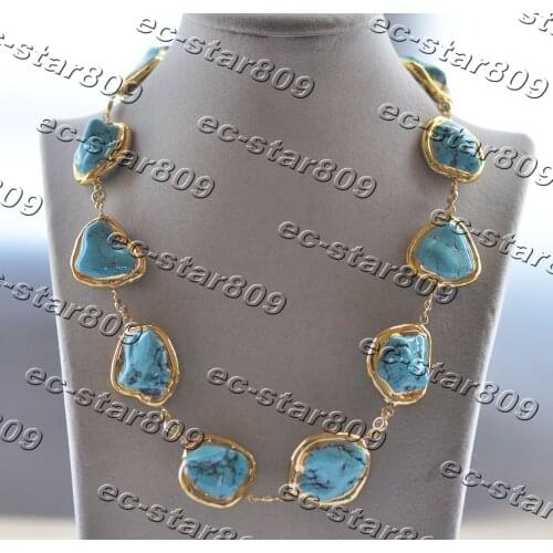 Z11355 20" 30mm Baroque Blue Turquoise Yellow Gold Plate Bead CZ Necklace Women jewelry