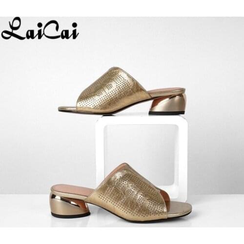 Womens Shoes Large Size Summer Hot Sale Slippers Chunky Heel Sandals Mid Hee Soft Leather Outer Wear Half Shoe Gold Silver