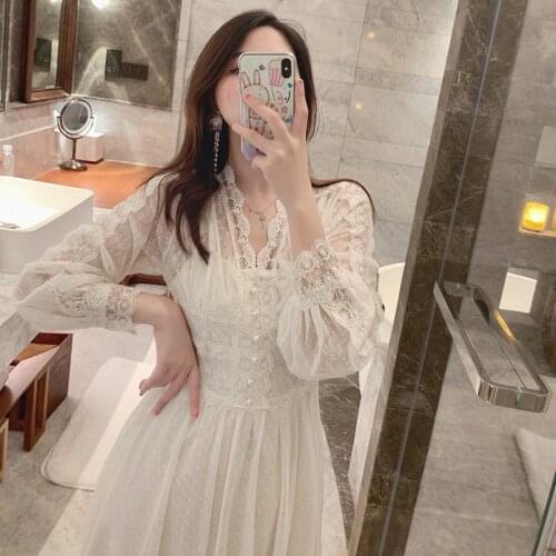 2020 Brand New Women Lace Dress V-neck French Retro Style Long Sleeve Elegant Midi Dress High Quality Party Dress Vestidos