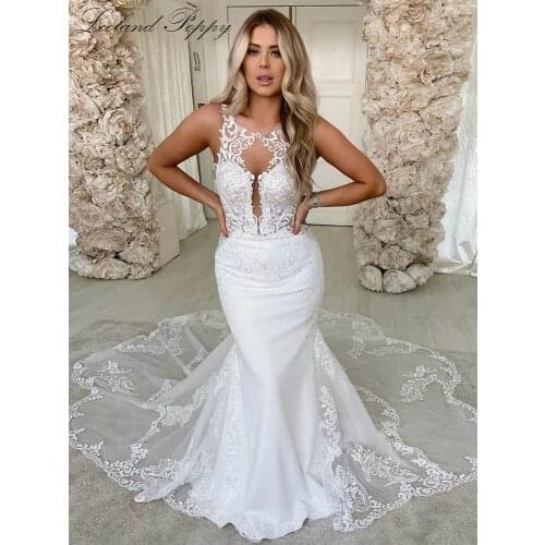 Lceland Poppy Mermaid Beach Wedding Dresses 2020 Floor Length Illusion Lace Appliques Sleeveless Vestido de Novia Bridal Gowns