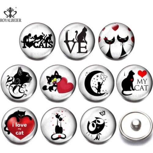 10pcs/lot 18mm Glass Button I Love Cute Black and White Cats Glass Buckle 18mm Snap Button Jewelry Fit Snap Jewelry KG0186