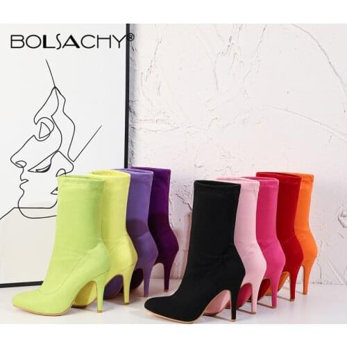2020 Autumn Fashion Women Boots Pointed Toe Candy Color Ankle Boots High Heels Shoes Female Socks Boots Zapatos de Mujer 32 33