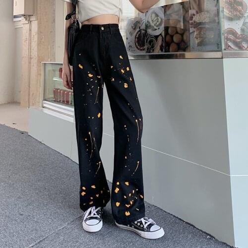 2021 Street Hip Hop Loose BF Wind Wild Straight Trousers Splash Ink Painted Womens Jeans Autumn New Plus Size Casual Old Pants