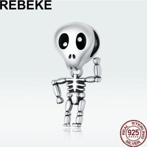 Auffik 100% 925 sterling silver Halloween Skull Man charm beads fit 3MM bracelet & bangle pendant DIY woman brand jewelry making