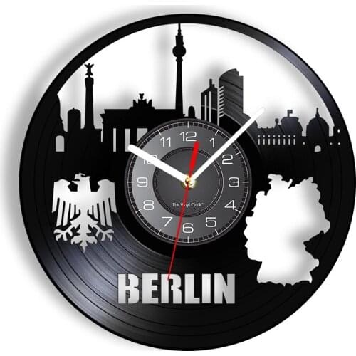 Berlin Germany Cut Out Album Longplay Wall Clock Map With National Badge Emblem German Flag Eagle Shield Logo Vinyl Record Clock