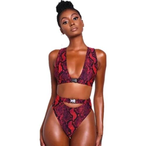 High Waist Bikini 2 Piece Sets Summer Womens Buckle Closure Swimsuits Snake Print Swiming Suit New Arrival 2021