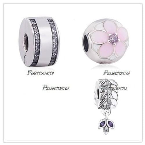 925 Sterling Silver Charm Enamel Magnolia Bloom Fixed Clip Lock Stopper Beads Fit Pandora Bracelet & Necklace Jewelry