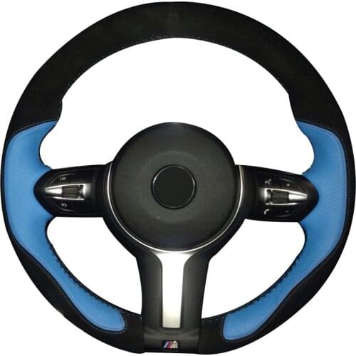 Black Suede Light Blue Leather Steering Wheel Cover for BMW F87 M2 F80 M3 F82 M4 M5 F12 F13 M6 F85 X5 M F86 X6 M F33 F30 M Sport