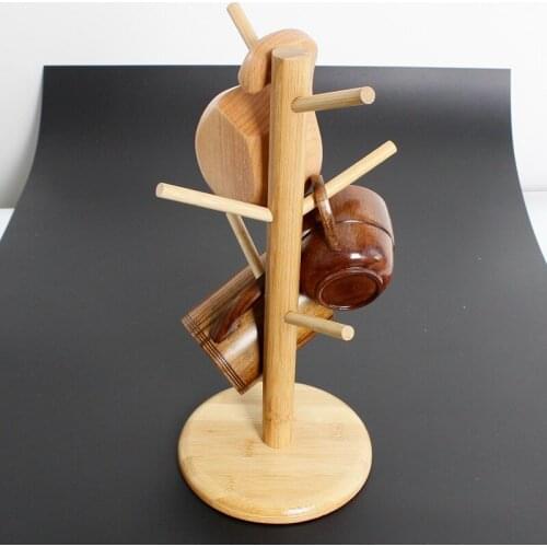 Eco-Friendly Wooden Coffee Mug Tree Tea Cup Holder Stand Mug Storage Rack with 6 Hooks High Quality Wooden Storage Stand Shelf
