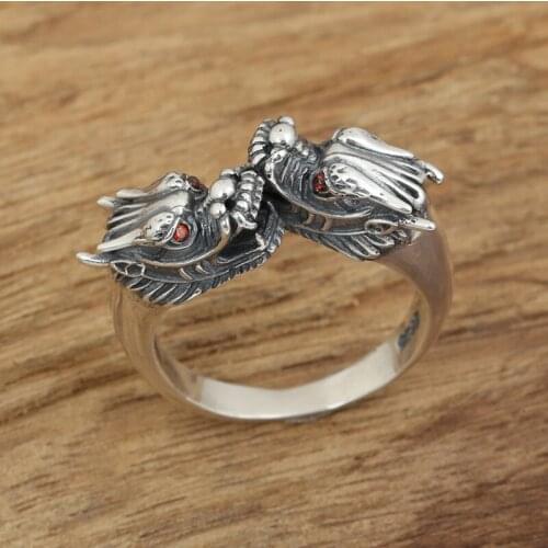 Hip hop 925 Sterling Silver Vintage Dragon Head Open Cuff Finger Ring Punk Thai Silver Jewelry Male Buddhism Tibetan Rings