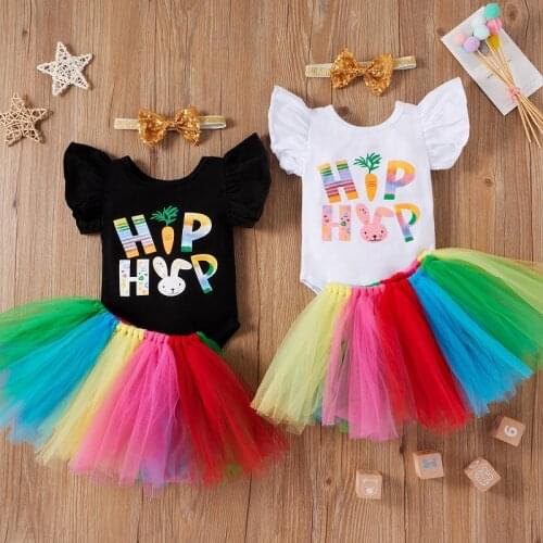Infant Girl’s 3Pcs Summer Easter Clothes Set Letter Printed Short Sleeve Tops With Colorful Tulle Colorful Skirt And Headband