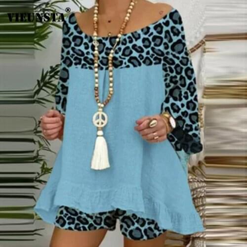 Fashion Leopard Print Patchwork Women Sets Sexy Off Shouler 3/4 Sleeve Shirt Tops and Shorts Outfits Spring Summer Two Piece Set