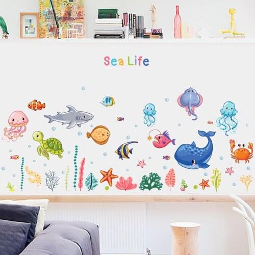 Cartoon Animal Wall Stickers Underwater World for Kids Room Decoration Decals Living Room Bedroom Wall Decor Nursery Mural